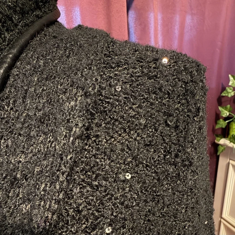 John Fashion Open Cardigan Sweater Sequin Faux Trim Black Sparkle